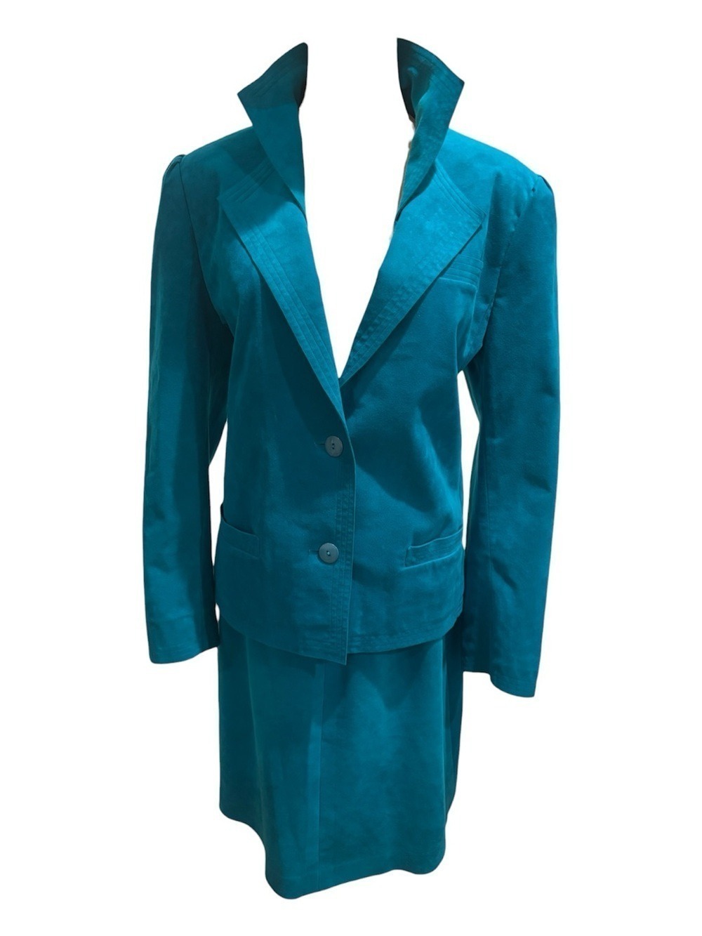 CHARLES KLEIN 2PC 90s ULTRA SUEDE TEAL RELAXED FIT DBL LAPEL BLAZER & SKIRT 12 - Picture 3 of 9